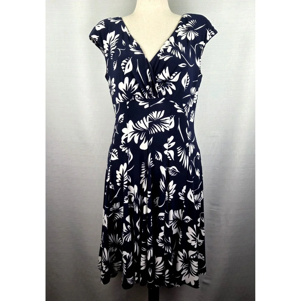 Ralph Lauren Lighthouse Blue Floral Dress‎ Women's 14 Stretch Jersey Surplice